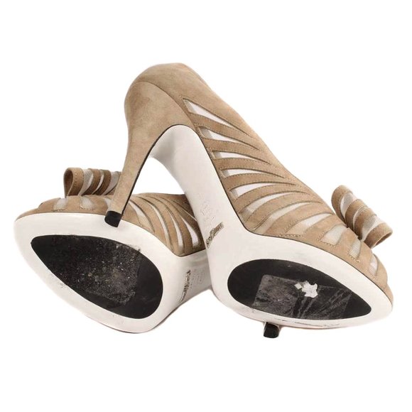 RON WHITE Jayla Tan Suede & Mesh Bow Peep Toe Pumps - Picture 7 of 9